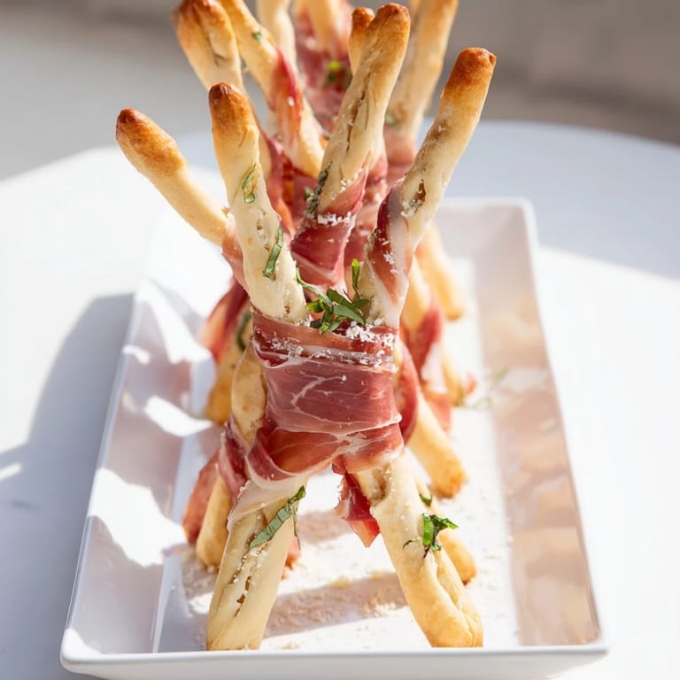 The Golden Gate appetizer: breadsticks stand like pillars, connected by flavorful prosciutto, ready to eat.