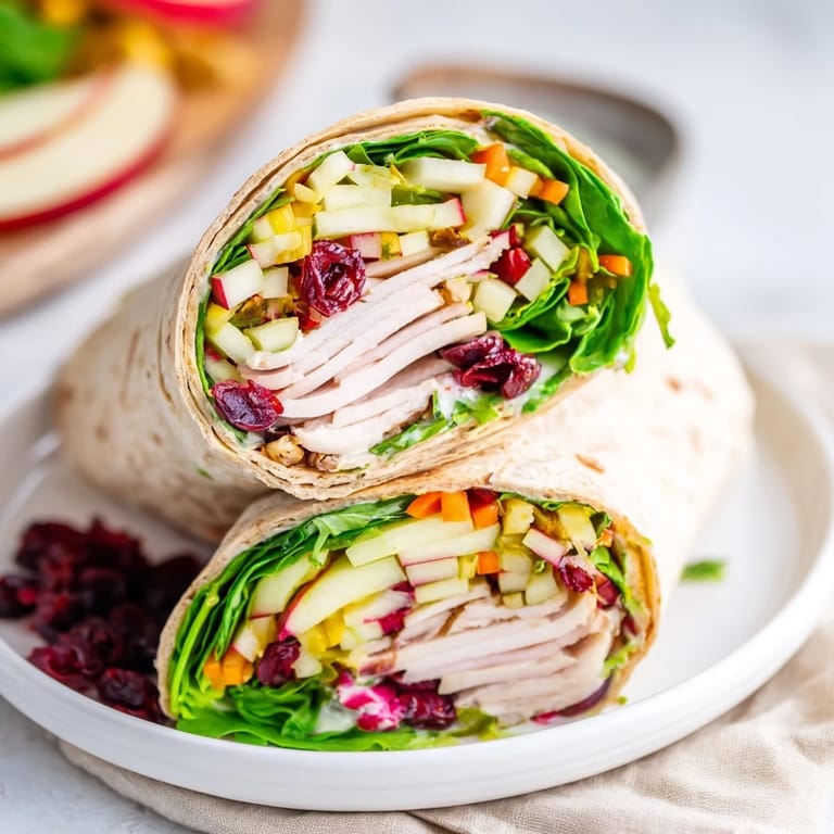 Freshly assembled cranberry apple slaw turkey wraps, showing layers of flavors inside tortillas.