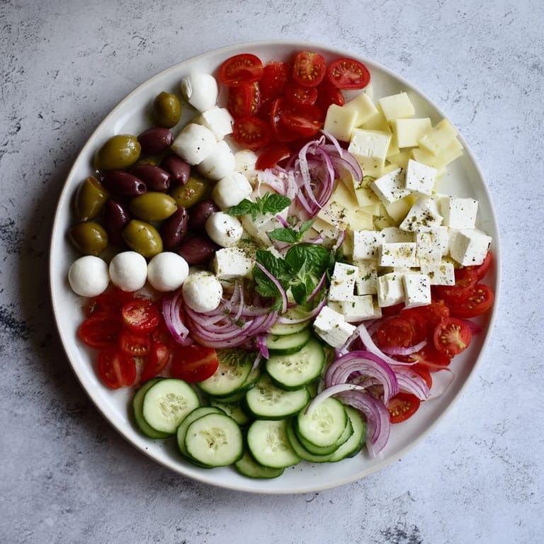 Crisp veggies and creamy dips surround the feta in this stunning Sun-Drenched Patio mezze board.