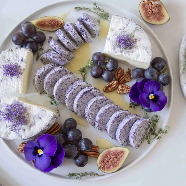 Elegant Lavender Haze cheese board featuring creamy goat cheese and brie, drizzled with lavender honey for guests.