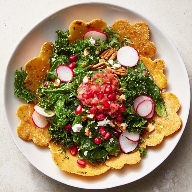 This refreshing Winter Salad features crisp greens, pomegranate seeds, and those unique, snowflake tortilla chips.
