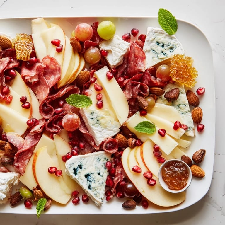 This Pomegranate Jewel Cascade features a stunning charcuterie board, overflowing with cheeses and glistening pomegranate seeds.