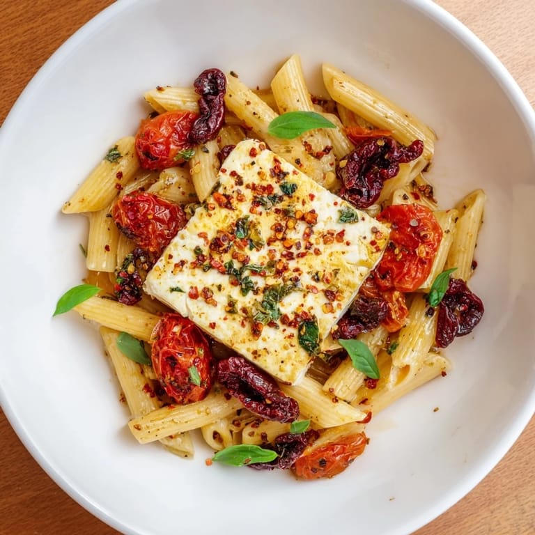 A flavorful Baked Feta Pasta with vibrant cranberries, served steaming, ready for your enjoyment.