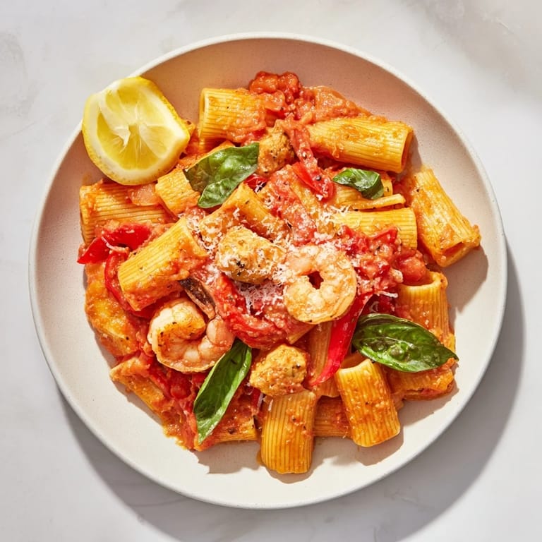 A close-up shot of the savory One-Pot Diavola Pasta with Shrimp, ready to be enjoyed with a squeeze of lemon.