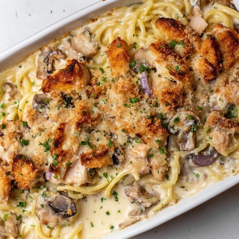 A close-up of creamy Turkey Tetrazzini, showing tender turkey and pasta in a rich sauce, ready to serve.