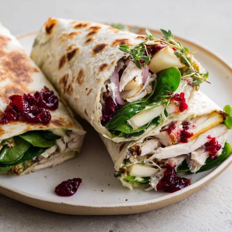 Golden brown Chicken and Brie Holiday Wraps, ready to eat, with spinach peeking from a toasted tortilla.
