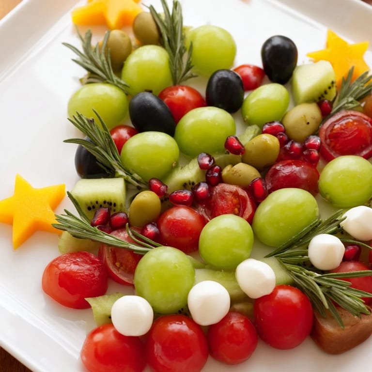 Vibrant Christmas Tree Triangle Board appetizer: layers of colorful fruit and mozzarella, a delicious vegetarian holiday treat.