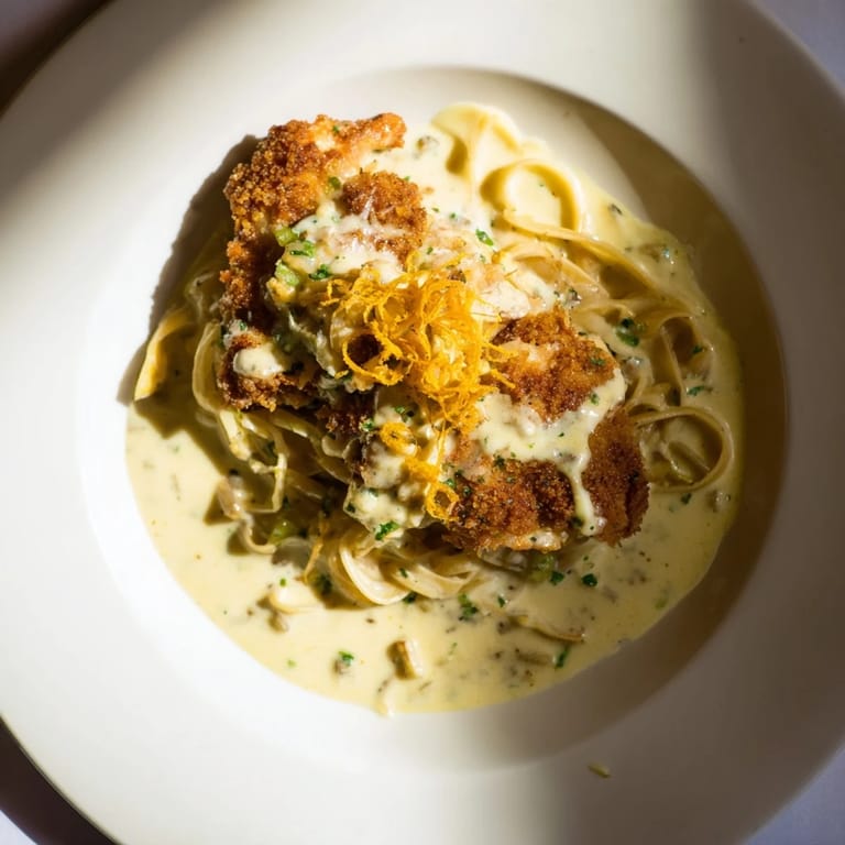 Fresh parsley garnishes the vibrant Lemon Brûlée Chicken pasta, a bright and flavorful dish.