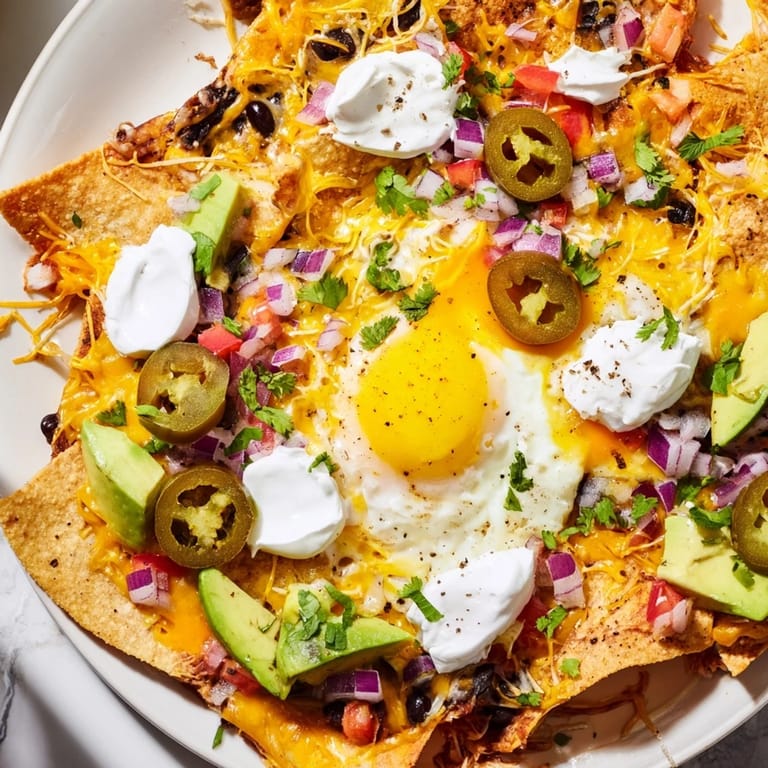 Melted cheese hugs the crispy chips in these tempting Egg-Topped Breakfast Nachos, ready for a feast.
