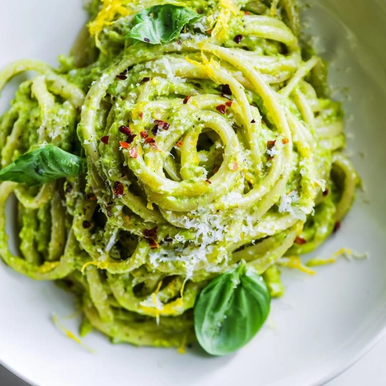 A close-up of the delicious creamy avocado pasta, perfectly highlighting the dish's textures and colors.