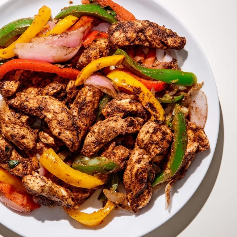 A delicious overhead shot of a sheet pan filled with savory Sheet-Pan Chicken Fajitas, ready to enjoy.