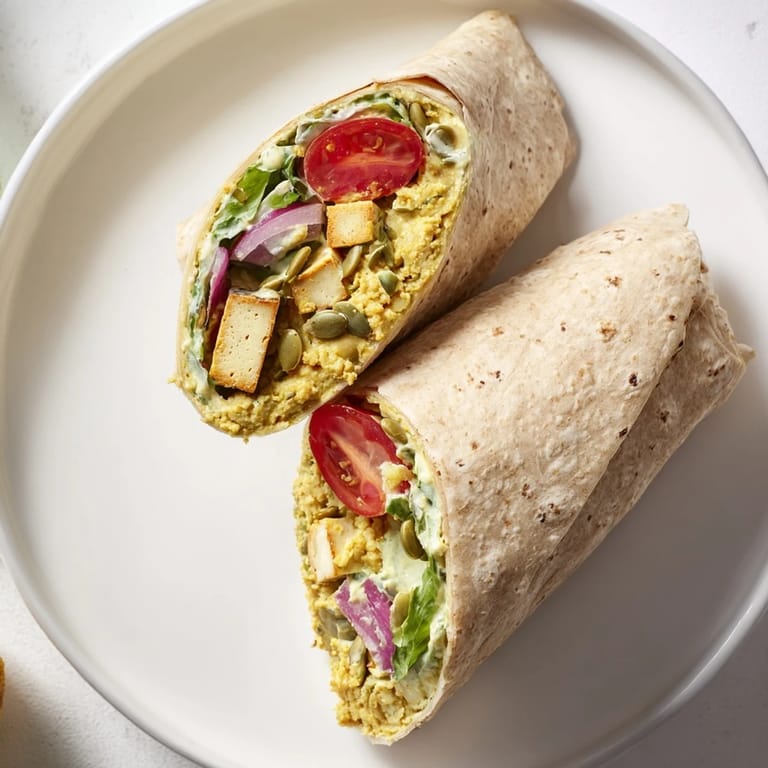 A hearty High-Protein Chicken-less Caesar Wrap, showing the filling's texture with colorful tomatoes and greens.