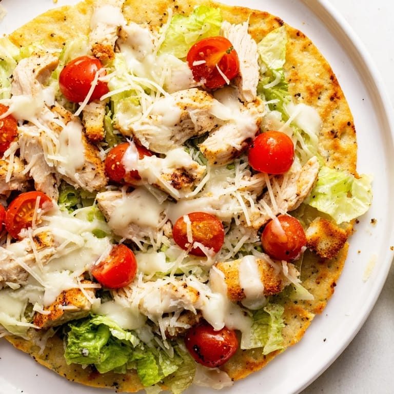 A close-up of a delightful Chicken Caesar Flatbread with fresh lettuce and juicy tomatoes.