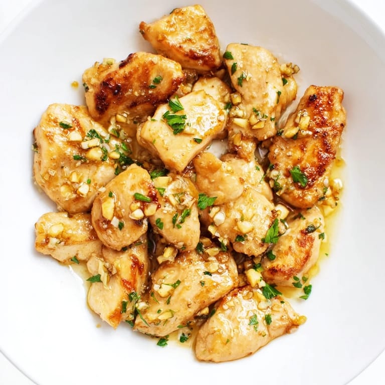 Skillet of savory Garlic Butter Chicken Bites, showcasing a rich, buttery sauce coating the chicken.