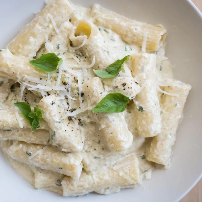 A close-up shot of perfectly cooked Creamy Cottage Cheese Pasta, glistening with a creamy sauce.