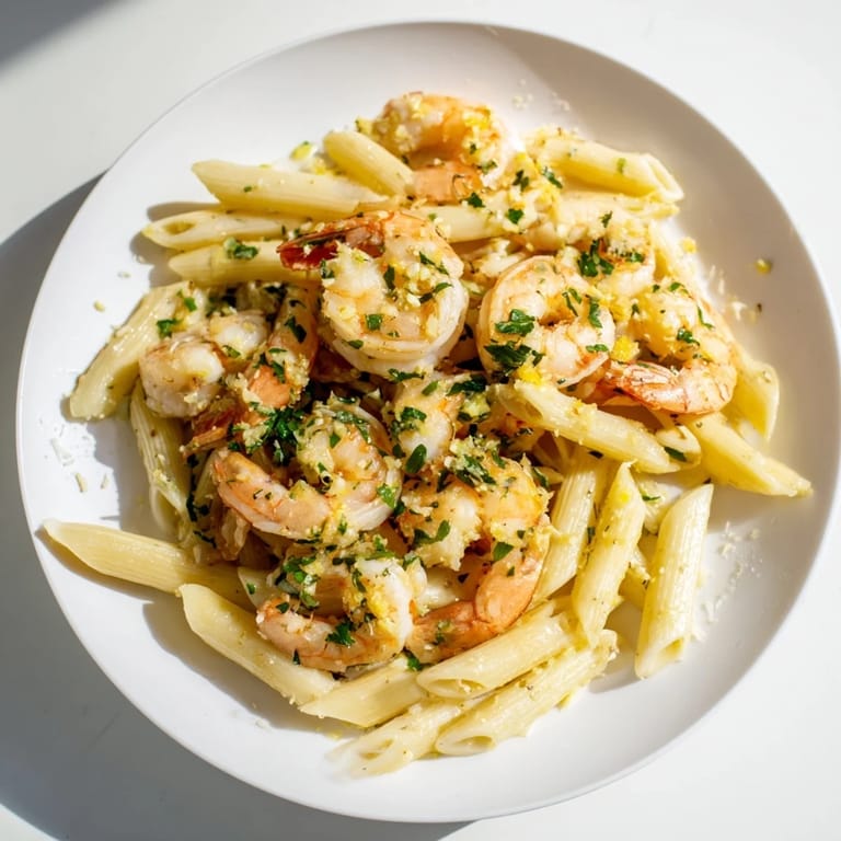 Close-up of perfectly cooked garlic shrimp penne; a flavorful and easy weeknight dinner.