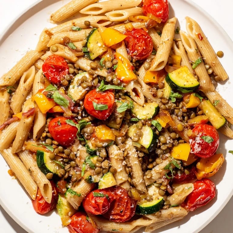 Delicious and healthy Lentil Pasta with Vegetables, perfectly plated and ready for a satisfying, comforting meal.