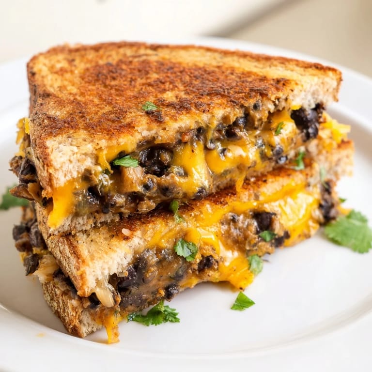 Golden brown crust on a delicious Black Bean Grilled Cheese sandwich, perfect for a cozy lunch.