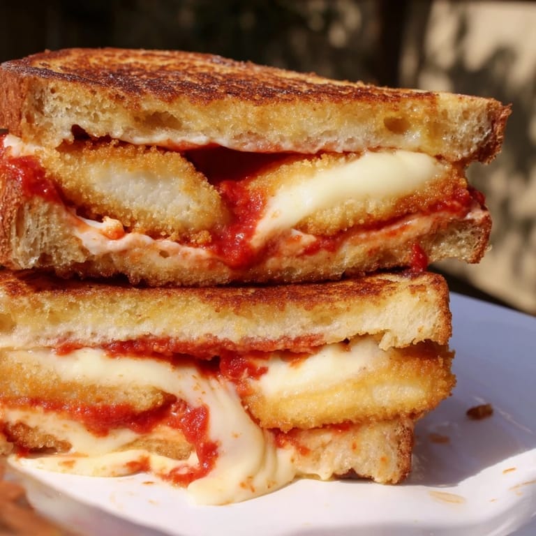 Golden-brown mozzarella stick grilled cheese, oozing cheese, a perfect comfort food lunch idea.