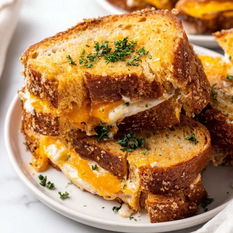 Crispy sourdough garlic butter mayo grilled cheese, with a hint of garlic aroma and cheese pull.