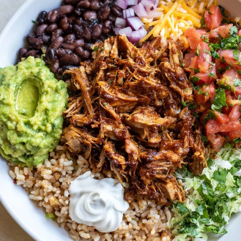 Vibrant Copycat Chipotle Burrito Bowl with layered rice, beans, guacamole, and a dollop of sour cream.