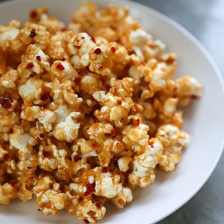 Close-up of freshly made Hot Honey Butter Popcorn: buttery, drizzled, and seasoned for snacking delight.