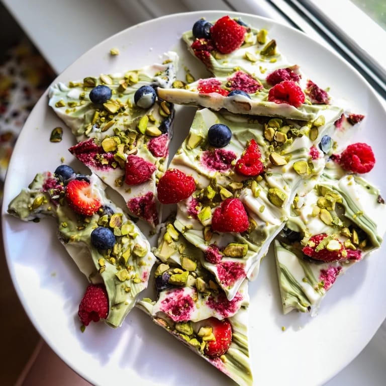 Homemade frozen yogurt bark, speckled with pistachios and berries, a picture-perfect, easy dessert.