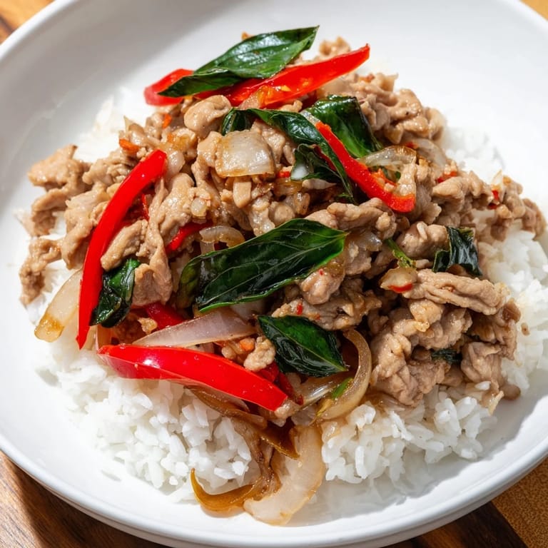 Aromatic, stir-fried Thai Basil Chicken Bowls served hot, with vibrant red bell peppers visible.