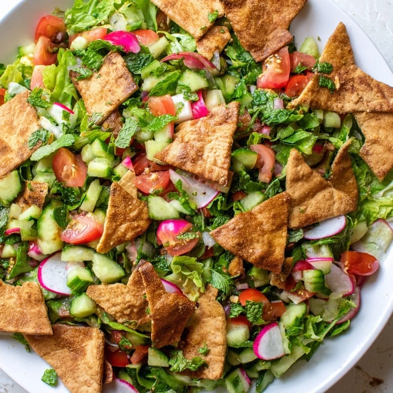 Fresh chopped herbs and vegetables in this Lebanese Fattoush Salad, ready to be tossed with dressing.