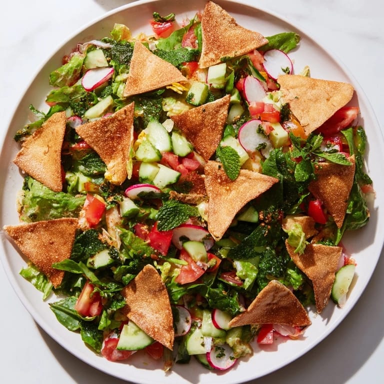 Golden pita chips and a flavorful sumac dressing enhance this refreshing Lebanese Fattoush Salad.