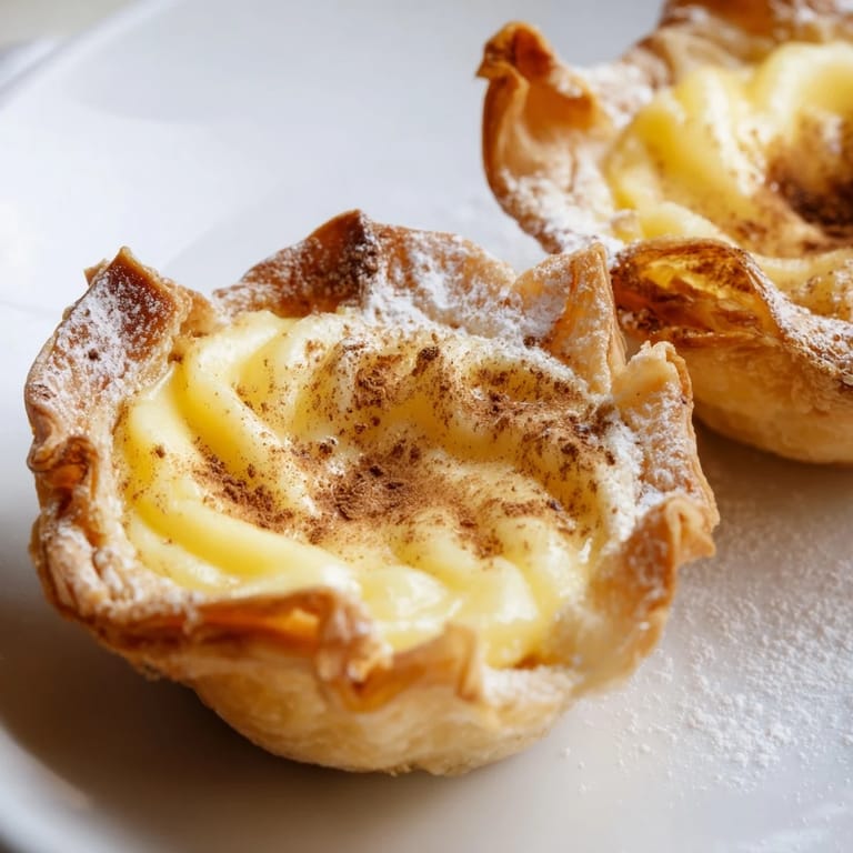 A close-up shot of fresh Portuguese egg tarts, showing the creamy custard filling and crispy pastry.