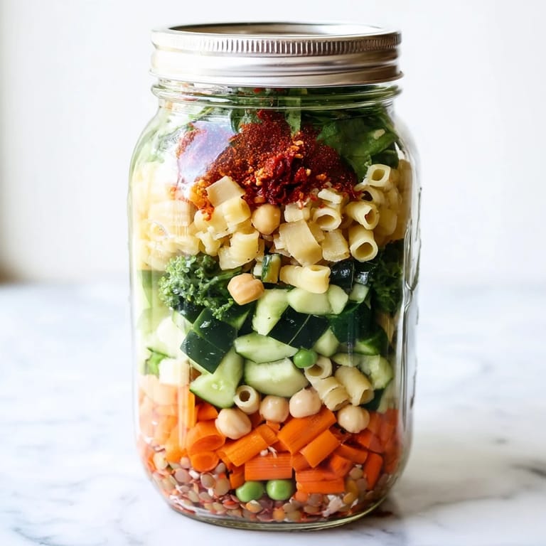 A beautifully layered Minestrone Soup in a jar, ready for boiling water to transform into a comforting, hot meal.