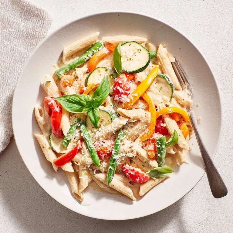 Hearty One-Pot Pasta Primavera with al dente penne and colorful vegetables swimming in a luscious, creamy sauce.