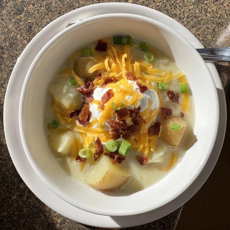 A ladle of Loaded Baked Potato Soup reveals melted cheddar, crumbled bacon, and green onions atop a rich, velvety, gluten-free soup base.