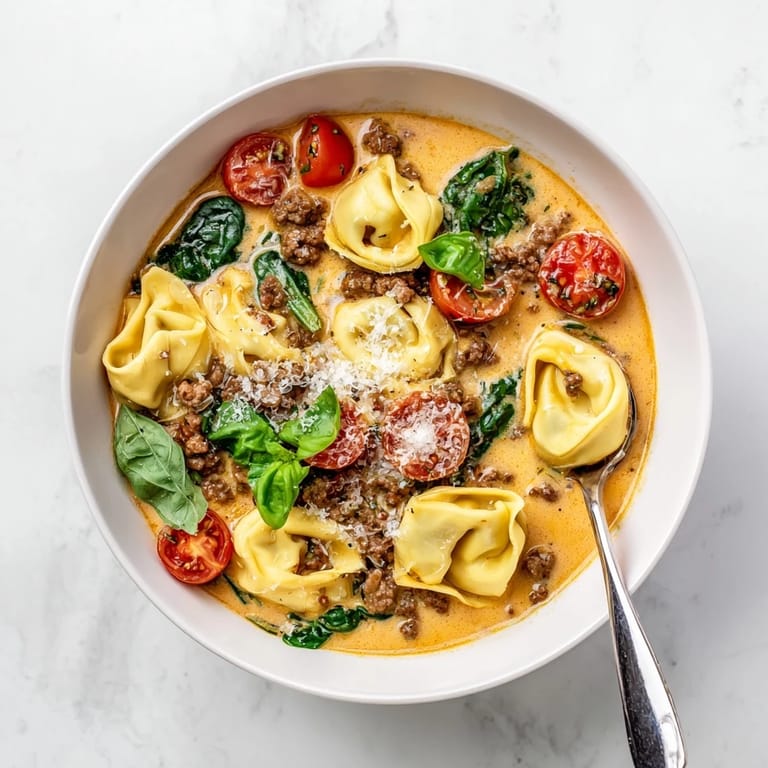 Comforting Tortellini Beef Soup in a rich, creamy broth served hot with crusty bread for dipping on a rustic wooden table.