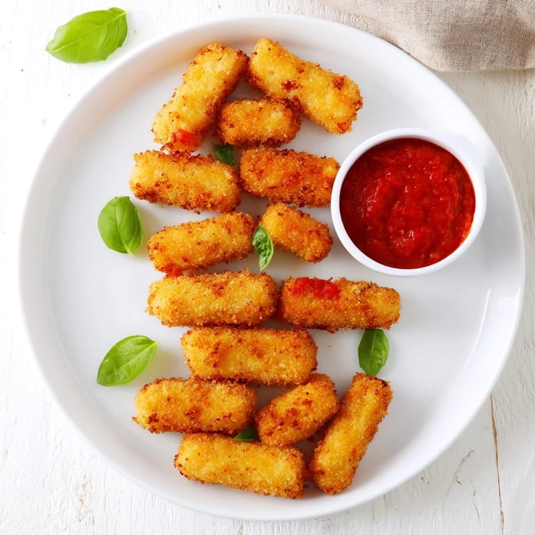 Eight crispy mozzarella sticks ready to serve, dipped in red marinara sauce, creating a quick and irresistible appetizer.  