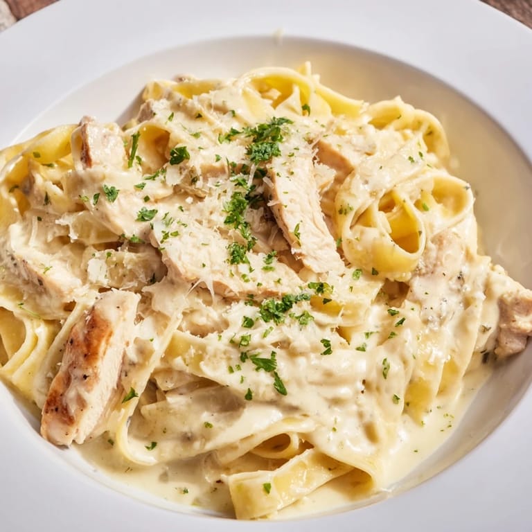 Homemade skillet Chicken Alfredo plated with golden chicken, al dente pasta, and a rich, cheesy sauce, perfect for family-style Italian-American comfort food.