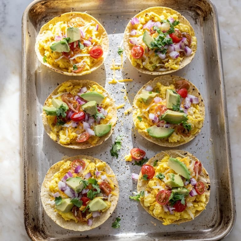 Six crispy Sheet Pan Breakfast Tacos topped with fresh avocado and cilantro.