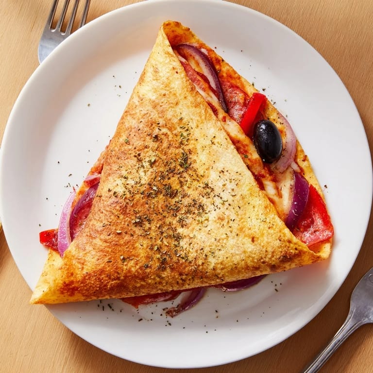 Warm Tortilla Pizza Wrap served on a white plate with a side salad and marinara dipping sauce.