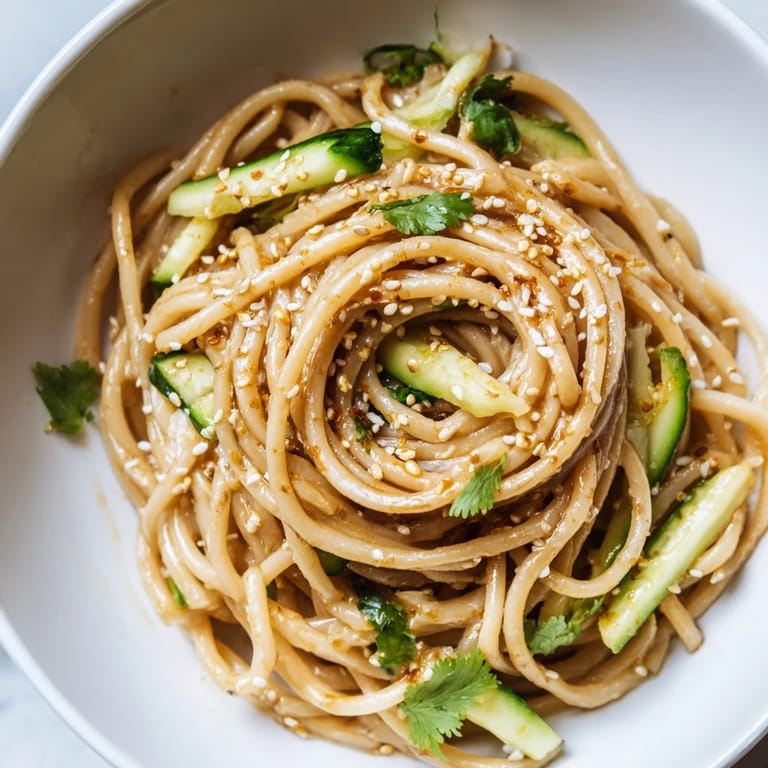 A close-up of the Spicy Sesame Noodle Salad with chopped peanuts and cilantro, glistening with a bold chili-oil dressing.