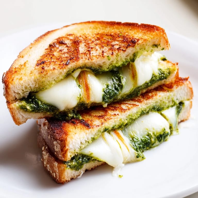 Spinach pesto grilled cheese is sliced in half, revealing vibrant green pesto and gooey cheese between crusty bread.