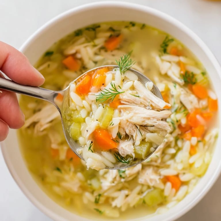 Family-style serving of Chicken Lemon Orzo Soup in a rustic bowl, parsley garnish, with crusty bread on the side.
