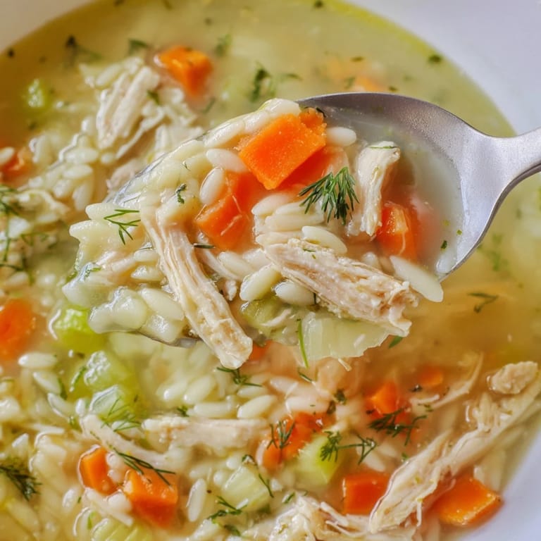 Spoon lifting tender chicken, orzo, and vibrant carrots from savory broth with hints of lemon zest and herbs.  