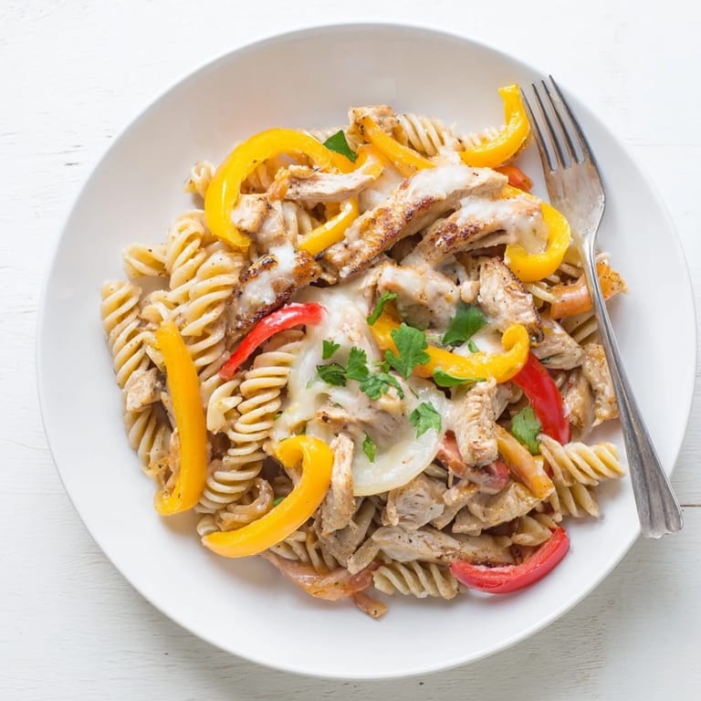 Steam rises from a freshly cooked Chicken Fajita Pasta Skillet, garnished with cilantro and lime wedges, ready for weeknight dinner.