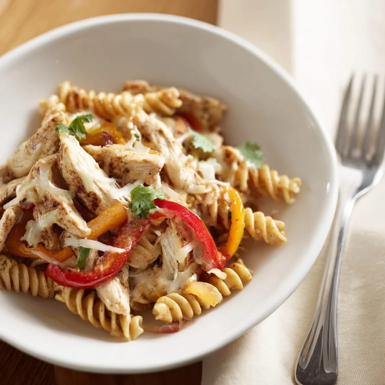 Serving suggestion for Chicken Fajita Pasta Skillet: a generous portion plated with extra cheese and a lime wedge on the side.