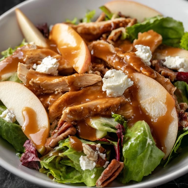 Close-up of Caramel Apple Chicken Salad showing golden pecans, bright red onion, dried cranberries, and glistening caramel dressing over fresh greens.