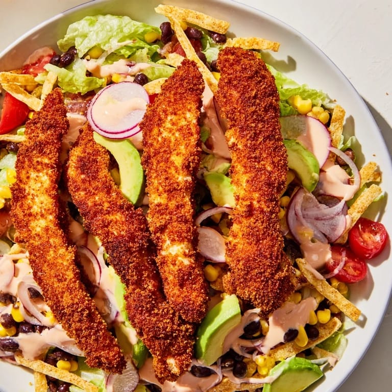 A fork-topped view of the Crispy Chicken Taco Salad, featuring cherry tomatoes, shredded cheddar, and crunchy tortilla strips for a Tex-Mex meal.  