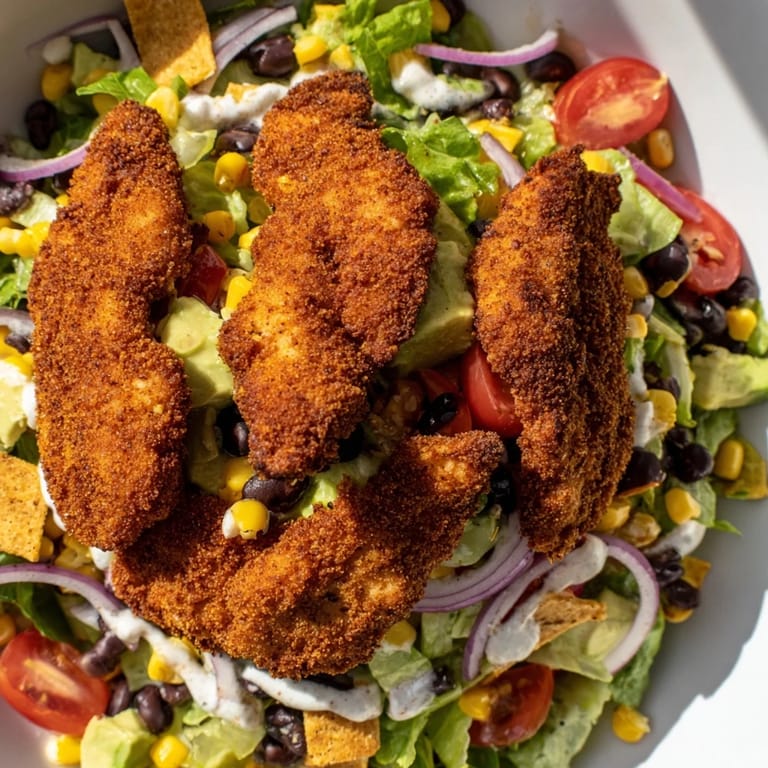 Overhead shot of the complete Crispy Chicken Taco Salad, showcasing the golden-brown chicken, colorful vegetables, and vibrant salsa ranch dressing.