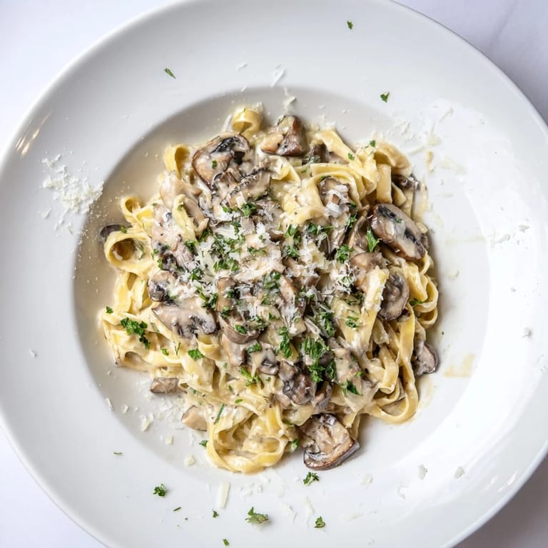 Comforting Creamy Mushroom Alfredo dish plated with golden mushrooms, silky cream sauce, and chopped parsley on top.