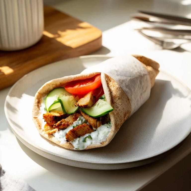 A hand holds a Greek Chicken Wrap, showcasing the soft pita stuffed with grilled chicken, tzatziki, cucumber, and tomato, ready to eat.